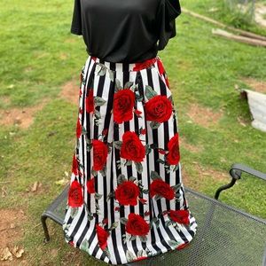 Sateen rose print skirt WITH POCKETS! And black off the shoulder top